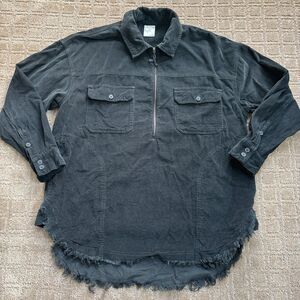 Aerie Corduroy Shirt Women's S Black Oversized Shacket Pullover Raw Edge 1/4 Zip